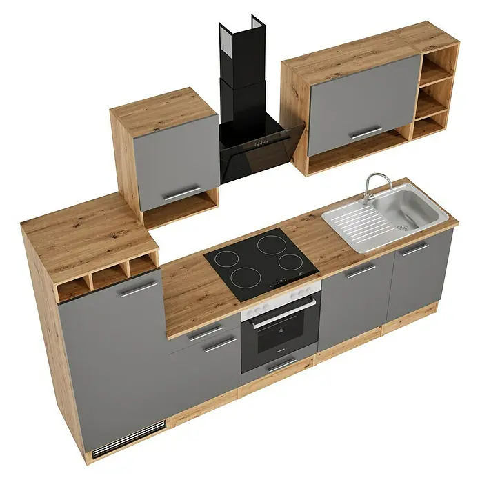 Respekta Composición de cocina Hilde - Ancho: 280 cm, Gris, Con electrodomésticos - Mueble de cocina moderno en gris y aspecto de madera con fregadero, fogones y campana extractora para un ambiente de cocina elegante.