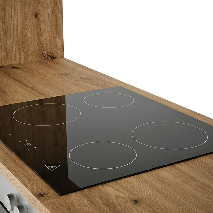 Respekta Composición de cocina Hilde - Ancho: 280 cm, Blanco, Con electrodomésticos - Primer plano de una placa de inducción negra con cuatro zonas de cocción sobre una encimera de madera.