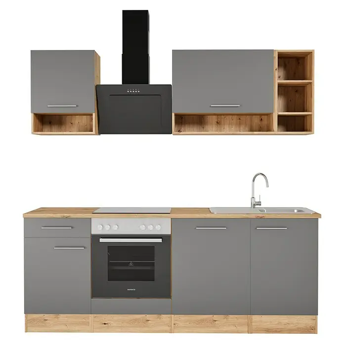 Respekta Cocina compacta Hilde - Ancho: 220 cm, Gris, Se pueden montar de forma intercambiable, Con electrodomésticos - Cocina integral gris con campana extractora, fregadero, vitrocerámica y horno. Los armarios bajos y altos ofrecen mucho espacio de almacenamiento.