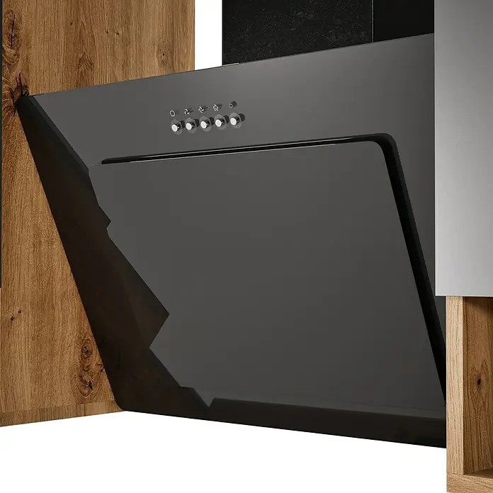 Respekta Composición de cocina Hilde - Ancho: 310 cm, Gris, Con electrodomésticos - Primer plano de una campana extractora negra con botones plateados y adornos de madera. Es elegante y funcional.