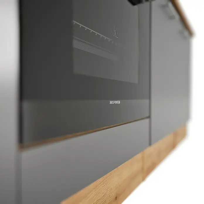 Respekta Composición de cocina Hilde - Ancho: 250 cm, Gris, Con electrodomésticos - Primer plano de un horno moderno Respekta en un elegante entorno de cocina. El diseño presenta líneas limpias y materiales de alta calidad.