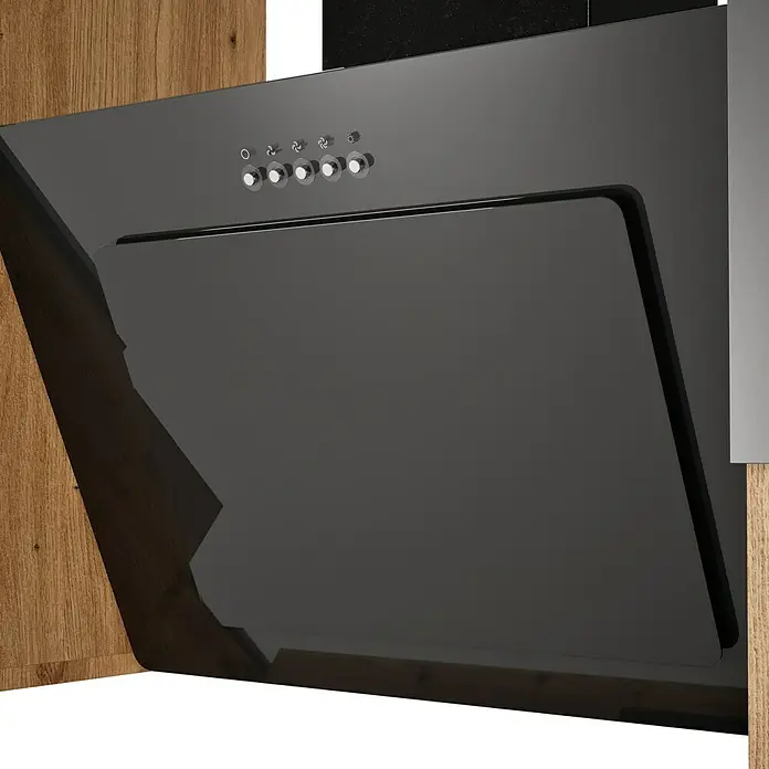 Respekta Composición de cocina Hilde - Ancho: 250 cm, Gris, Con electrodomésticos - Elegante campana extractora con frontal de vidrio negro y botones de control. Diseño moderno para la cocina.