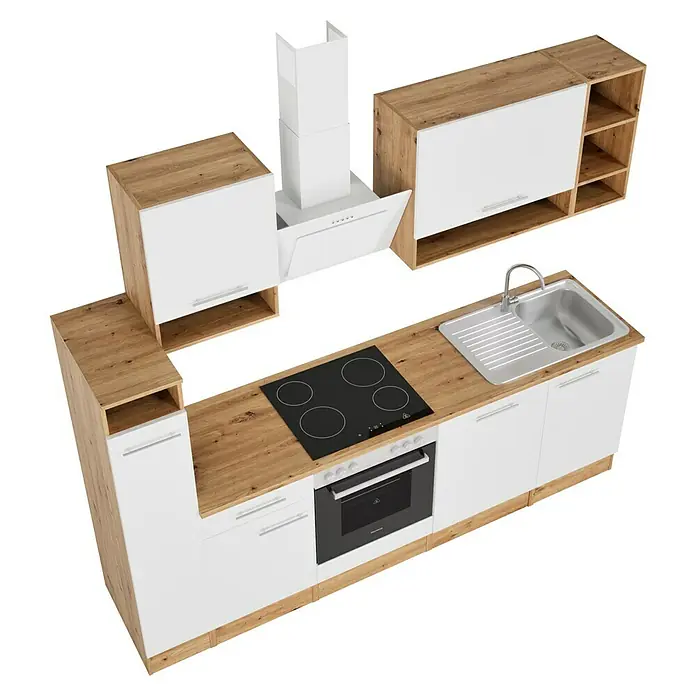 Respekta Composición de cocina Hilde - Ancho: 250 cm, Blanco, Con electrodomésticos - Cocina moderna con armarios blancos, encimera de madera, fregadero, fogones y campana extractora. Un diseño elegante para cualquier hogar.