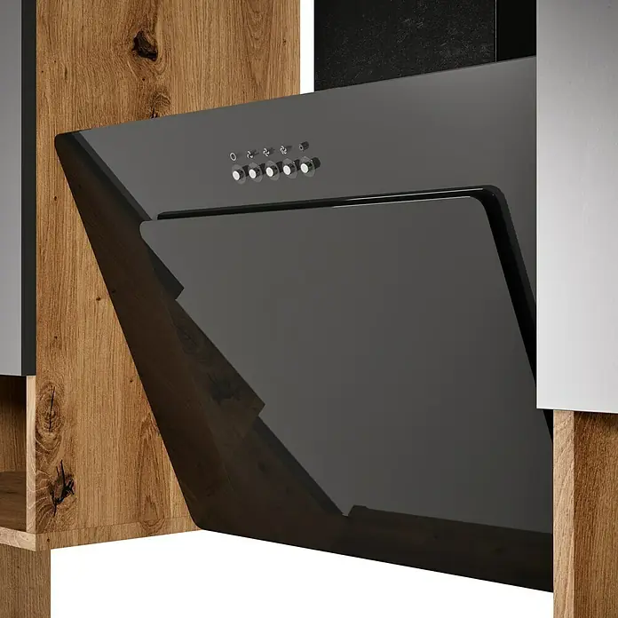 Respekta Composición de cocina Hilde - Ancho: 280 cm, Gris, Con electrodomésticos - Campana extractora moderna con diseño de vidrio negro. La elegante campana asegura aire fresco en cada cocina y es un verdadero atractivo.