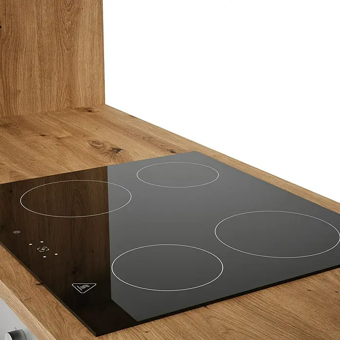 Respekta Composición de cocina Hilde - Ancho: 250 cm, Blanco, Con electrodomésticos - Primer plano de una elegante placa de cocción negra con cuatro zonas de calentamiento en una cocina moderna.
