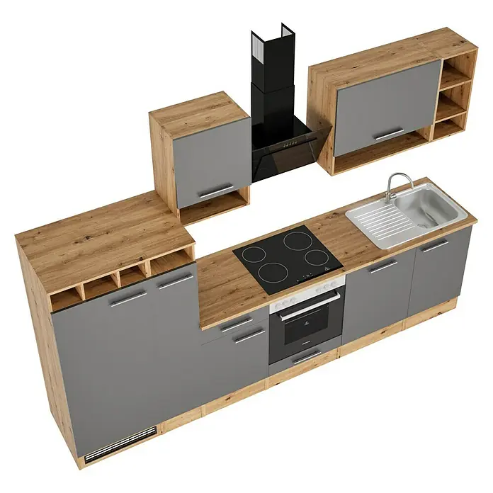 Respekta Composición de cocina Hilde - Ancho: 310 cm, Gris, Con electrodomésticos - Cocina de diseño moderno con armarios grises, encimeras de madera y electrodomésticos integrados para una experiencia de cocina elegante.