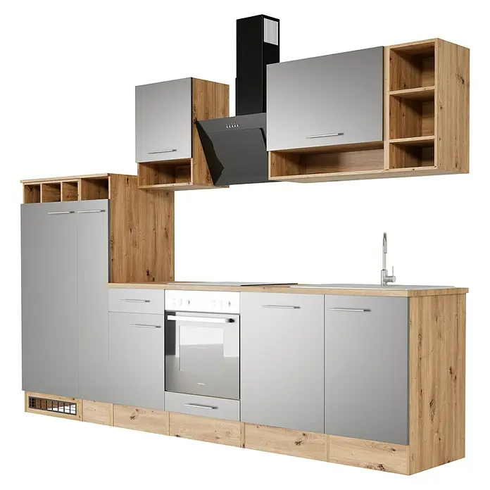 Respekta Composición de cocina Hilde - Ancho: 310 cm, Gris, Con electrodomésticos - Imagen de una cocina moderna con armarios grises, detalles de madera y una campana extractora. El diseño es elegante y funcional.