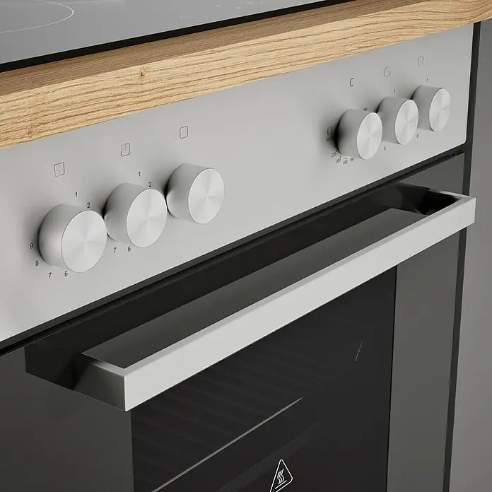 Respekta Composición de cocina Hilde - Ancho: 310 cm, Gris, Con electrodomésticos - Primer plano de un horno gris moderno con puerta de vidrio negro, mango plateado y botones de control.