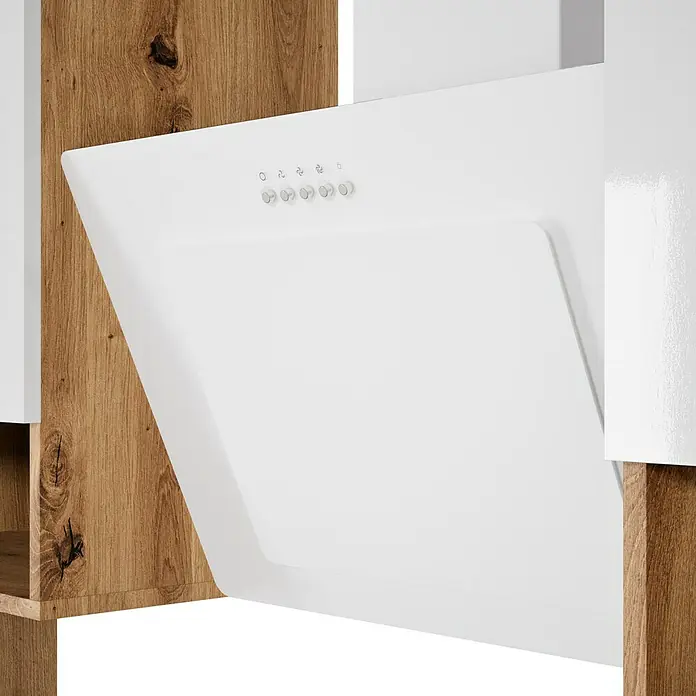 Respekta Composición de cocina Hilde - Ancho: 280 cm, Blanco, Con electrodomésticos - Primer plano de una campana extractora blanca moderna con controles, instalada en una cocina elegante.