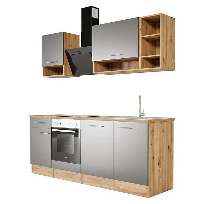 Respekta Cocina compacta Hilde - Ancho: 220 cm, Gris, Se pueden montar de forma intercambiable, Con electrodomésticos - Cocina moderna con armarios grises, detalles en madera y campana extractora negra. Un diseño elegante para un hogar con estilo.