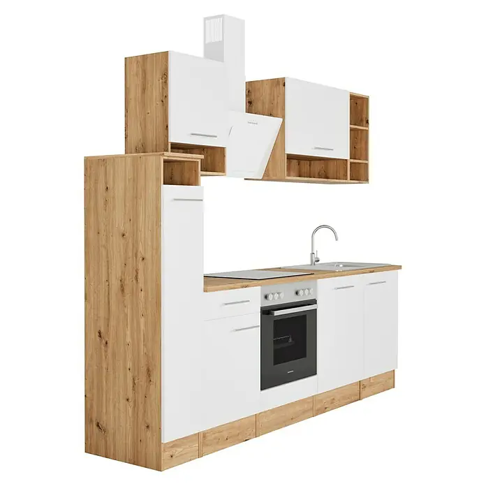Respekta Composición de cocina Hilde - Ancho: 250 cm, Blanco, Con electrodomésticos - Elegante cocina con frentes blancos y detalles de madera. La cocina ofrece espacio de almacenamiento y electrodomésticos modernos.