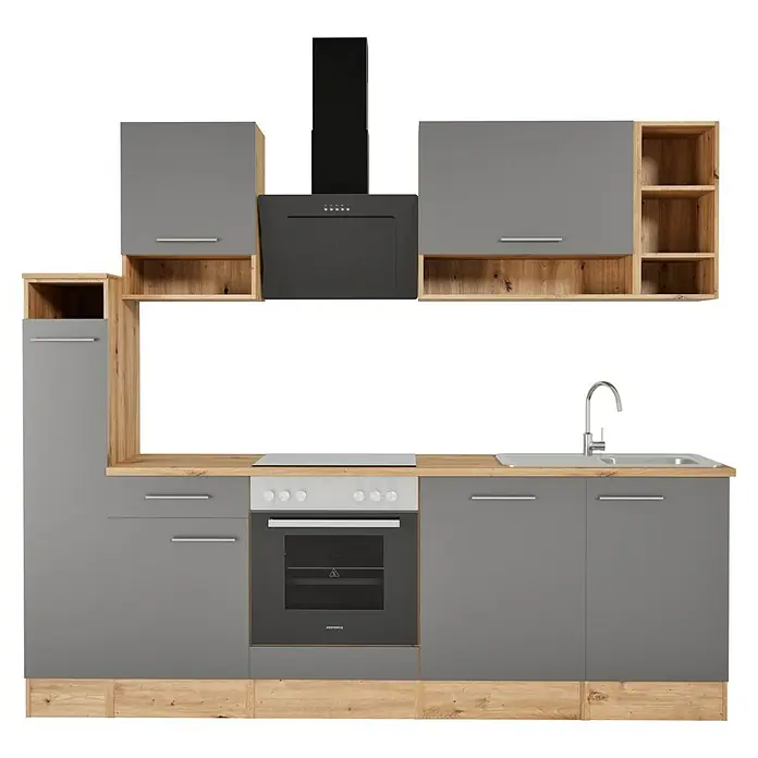 Respekta Composición de cocina Hilde - Ancho: 250 cm, Gris, Con electrodomésticos - Imagen de una cocina gris moderna con detalles en madera, incluyendo una campana extractora y un horno empotrado para una experiencia culinaria elegante.