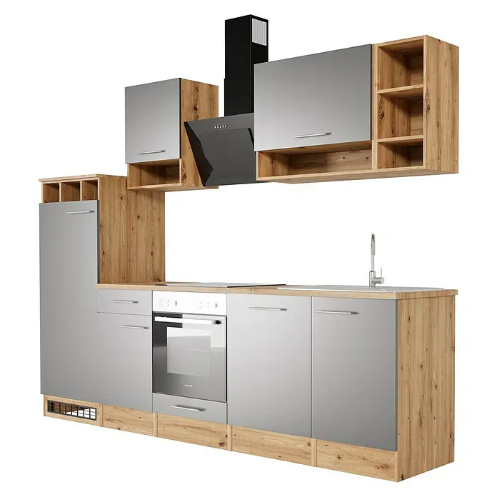 Respekta Composición de cocina Hilde - Ancho: 280 cm, Gris, Con electrodomésticos - Cocina plateada con detalles en madera. Diseño elegante con frentes brillantes y elementos de madera natural, ideal para espacios modernos.
