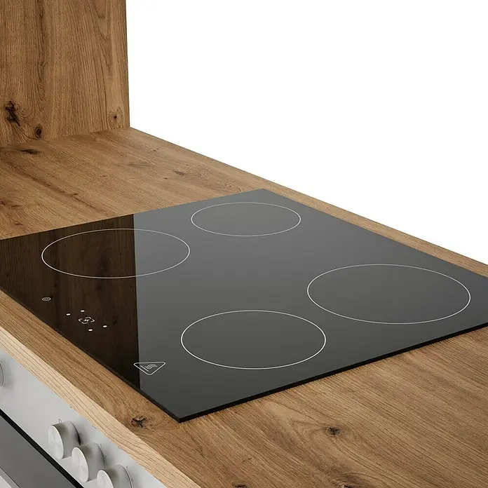 Respekta Composición de cocina Hilde - Ancho: 310 cm, Blanco, Con electrodomésticos - Una placa de inducción negra con cuatro zonas de cocción perfectamente integrada en una encimera de madera.