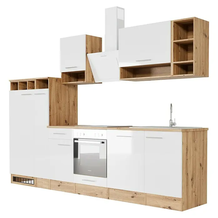 Respekta Composición de cocina Hilde - Ancho: 310 cm, Blanco, Con electrodomésticos - Mueble de cocina con frentes blancos y decoración de madera. Diseño luminoso y moderno con mucho espacio de almacenamiento y campana extractora.