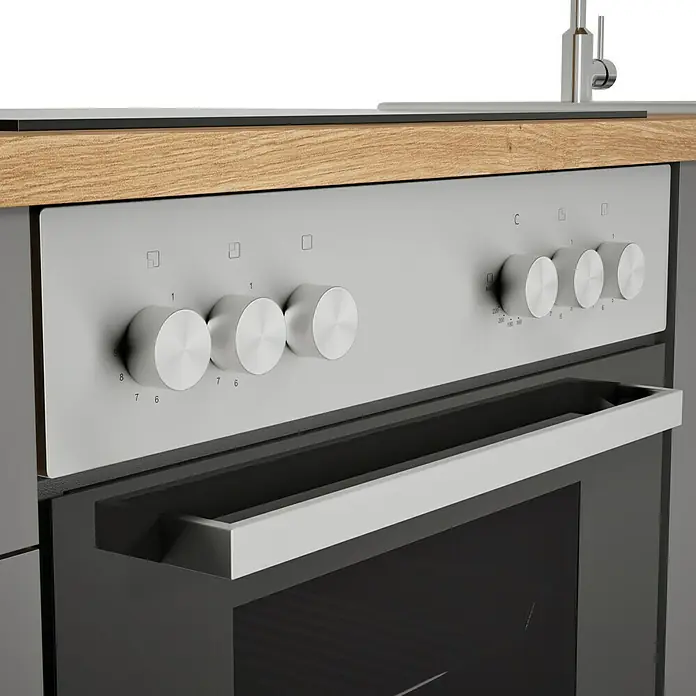 Respekta Composición de cocina Hilde - Ancho: 250 cm, Gris, Con electrodomésticos - Primer plano de un horno empotrable moderno con botones plateados y un tirador elegante. Ideal para cocinas contemporáneas.