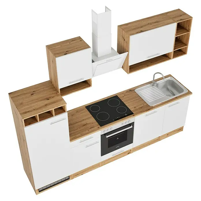 Respekta Composición de cocina Hilde - Ancho: 280 cm, Blanco, Con electrodomésticos - Una cocina moderna con frentes blancos y encimeras de madera, completa con una campana extractora. El diseño elegante se adapta a los hogares modernos.