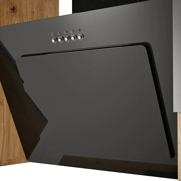 Respekta Cocina compacta Hilde - Ancho: 220 cm, Gris, Se pueden montar de forma intercambiable, Con electrodomésticos - Imagen de una campana extractora moderna en negro brillante, que combina diseño elegante y funcionalidad en la cocina.