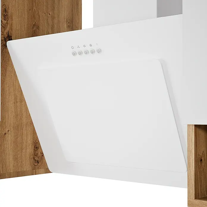 Respekta Composición de cocina Hilde - Ancho: 310 cm, Blanco, Con electrodomésticos - Primer plano de una campana extractora blanca con varios botones para controlar la velocidad del ventilador y la iluminación.