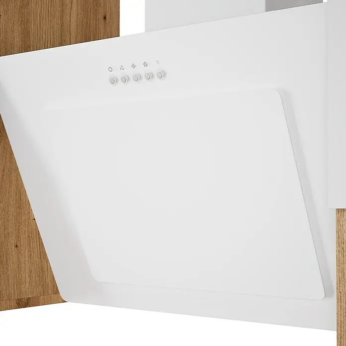Respekta Composición de cocina Hilde - Ancho: 250 cm, Blanco, Con electrodomésticos - Primer plano de una campana extractora blanca con controles, integrada en una cocina. La campana es limpia y moderna.