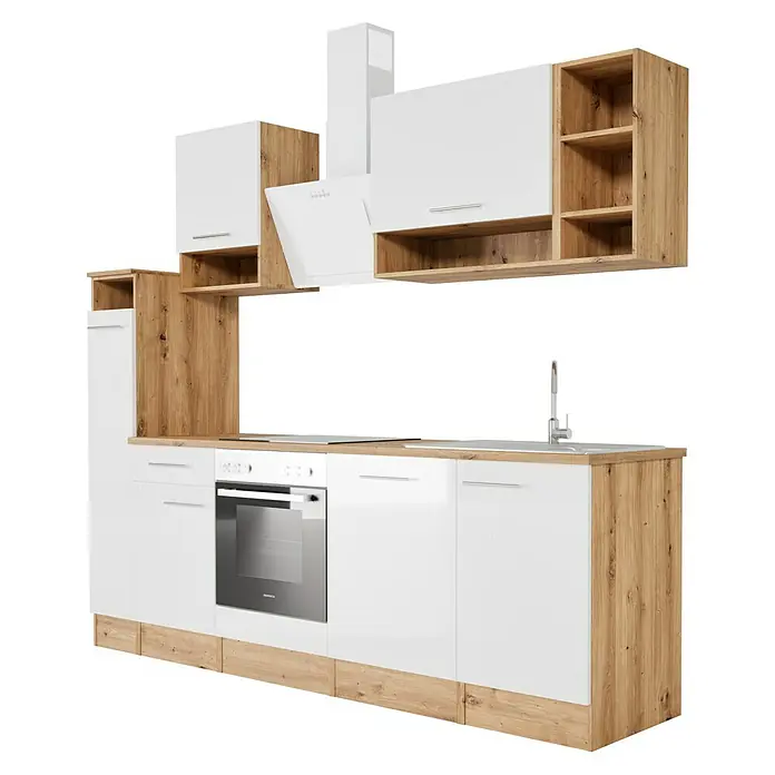 Respekta Composición de cocina Hilde - Ancho: 250 cm, Blanco, Con electrodomésticos - Imagen de una cocina moderna con armarios blancos, detalles en madera y una campana extractora elegante.