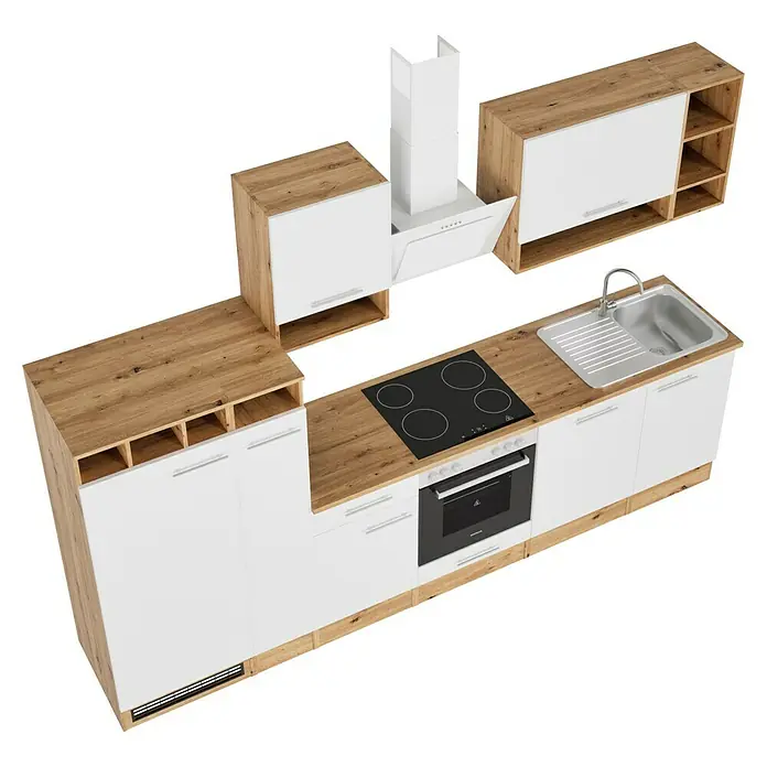 Respekta Composición de cocina Hilde - Ancho: 310 cm, Blanco, Con electrodomésticos - Una cocina moderna con armarios blancos, encimera de madera, fogones y fregadero. Ideal para espacios pequeños.
