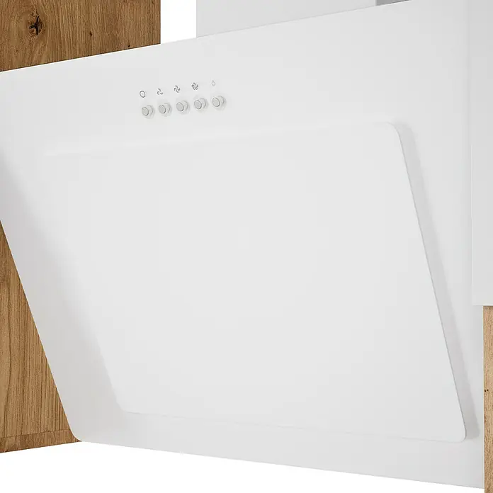 Respekta Cocina compacta Hilde - Ancho: 220 cm, Blanco, Se pueden montar de forma intercambiable, Con electrodomésticos - Primer plano de una campana extractora blanca moderna con botones de control, instalada en una cocina.