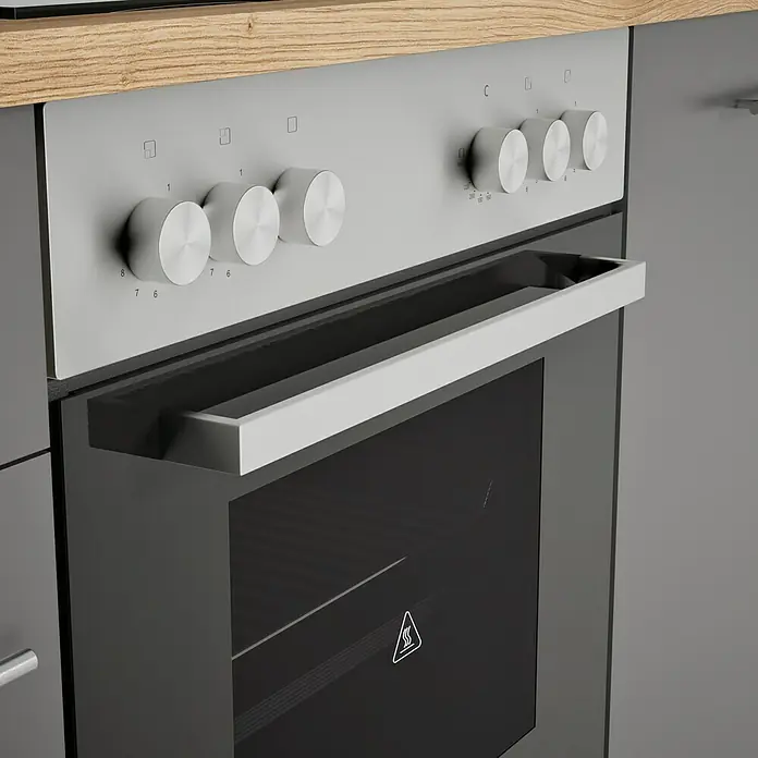 Respekta Composición de cocina Hilde - Ancho: 280 cm, Gris, Con electrodomésticos - Primer plano de un horno gris moderno con mandos y mirilla en una cocina.