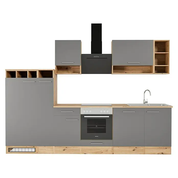 Respekta Composición de cocina Hilde - Ancho: 310 cm, Gris, Con electrodomésticos - Imagen de una cocina gris moderna con detalles de madera, incluyendo una campana extractora y un horno integrado. Diseño elegante para tu hogar.