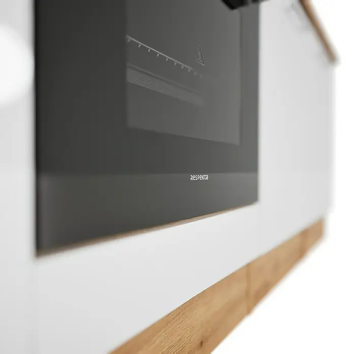 Respekta Composición de cocina Hilde - Ancho: 250 cm, Blanco, Con electrodomésticos - Primer plano de un horno Respekta, integrado en una moderna cocina con mueble blanco y detalles de madera.