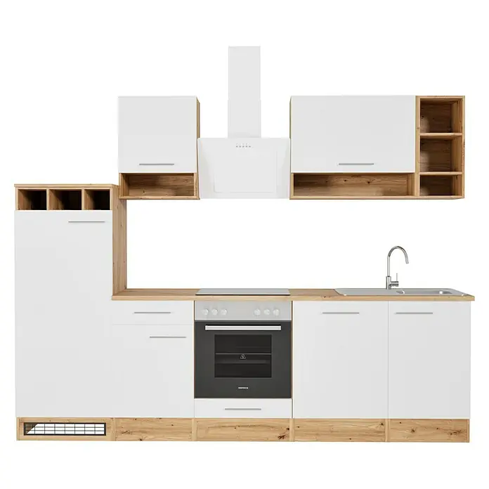 Respekta Composición de cocina Hilde - Ancho: 280 cm, Blanco, Con electrodomésticos - Muebles de cocina en blanco y aspecto de madera. La cocina está equipada con horno, fogones, fregadero y campana extractora.