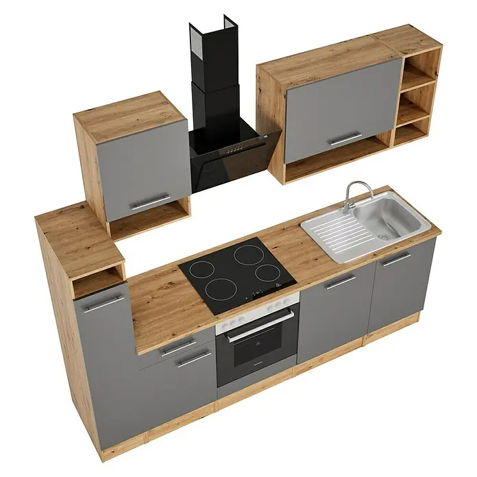 Respekta Composición de cocina Hilde - Ancho: 250 cm, Gris, Con electrodomésticos - Cocina moderna con armarios grises, encimera de madera y placa de cocina. También hay una campana extractora y un fregadero.