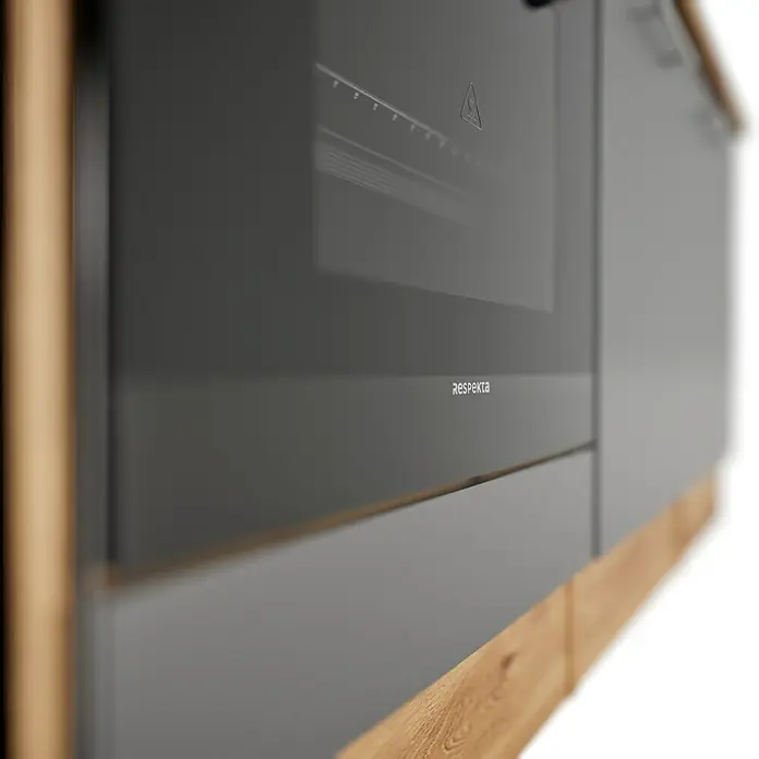 Respekta Cocina compacta Hilde - Ancho: 220 cm, Gris, Se pueden montar de forma intercambiable, Con electrodomésticos - Vista detallada de un horno Respekta moderno en una cocina elegante, centrado en diseño y marca.