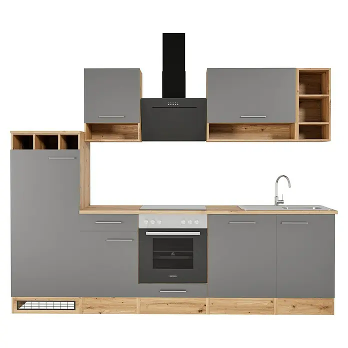Respekta Composición de cocina Hilde - Ancho: 280 cm, Gris, Con electrodomésticos - Cocina moderna en gris y aspecto madera con fogones, fregadero, campana extractora y armarios. Diseño elegante para cada cocina.