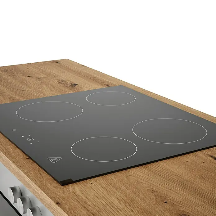 Respekta Cocina compacta Hilde - Ancho: 220 cm, Gris, Se pueden montar de forma intercambiable, Con electrodomésticos - Aquí hay una placa de inducción con cuatro zonas de cocción sobre una encimera de madera, un electrodoméstico de cocina elegante y moderno.