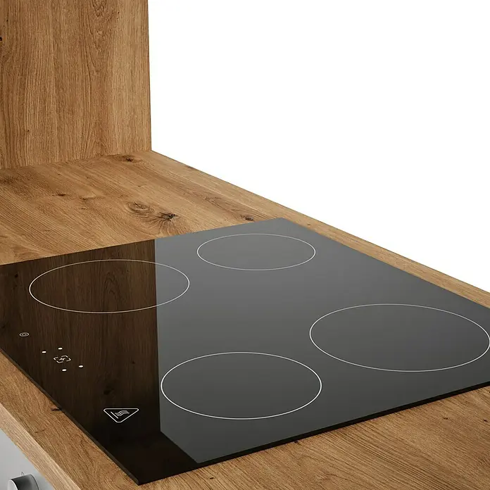 Respekta Composición de cocina Hilde - Ancho: 250 cm, Gris, Con electrodomésticos - Primer plano de una placa de cocción negra con cuatro zonas, sobre una encimera de madera, resaltando el diseño moderno de la cocina.