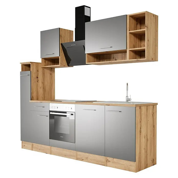 Respekta Composición de cocina Hilde - Ancho: 250 cm, Gris, Con electrodomésticos - Imagen de una cocina moderna con armarios grises y detalles en madera, que muestra un diseño elegante y funcional.