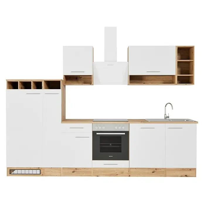 Respekta Composición de cocina Hilde - Ancho: 310 cm, Blanco, Con electrodomésticos - Imagen de una cocina moderna con armarios blancos y detalles en madera, incluyendo campana extractora y horno integrado.
