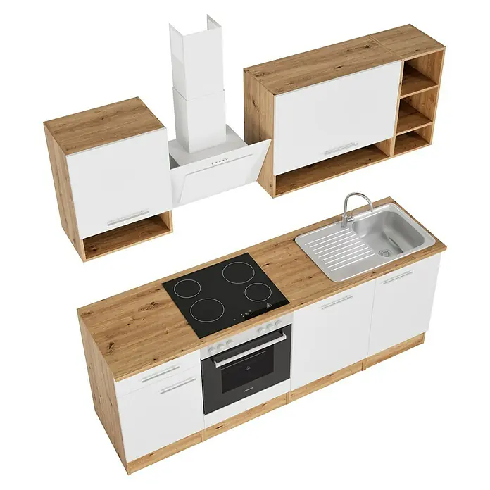 Respekta Cocina compacta Hilde - Ancho: 220 cm, Blanco, Se pueden montar de forma intercambiable, Con electrodomésticos - Cocina moderna con encimeras de madera clara, armarios blancos y electrodomésticos integrados, como placa de cocina, horno y fregadero.