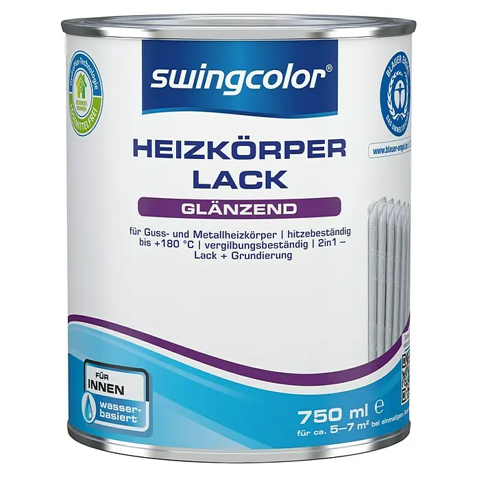 swingcolor Heizkörperlack Acryl - Weiß, Glänzend, 750 ml, Wasserbasiert - Dose Swingcolor Heizkörperlack, glänzend, 750 ml, für Heizkörper aus Guss und Metall, hitzebeständig bis +180°C, vergilbungsbeständig, 2in1 Lack+Grundierung.
