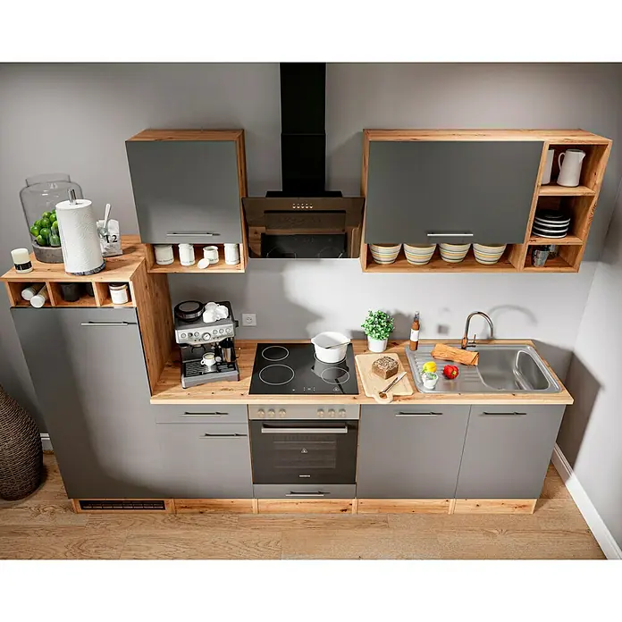 Respekta Composición de cocina Hilde - Ancho: 280 cm, Gris, Con electrodomésticos - Cocina moderna con armarios grises, elementos de madera y utensilios de cocina. La cocina americana es compacta y funcional.