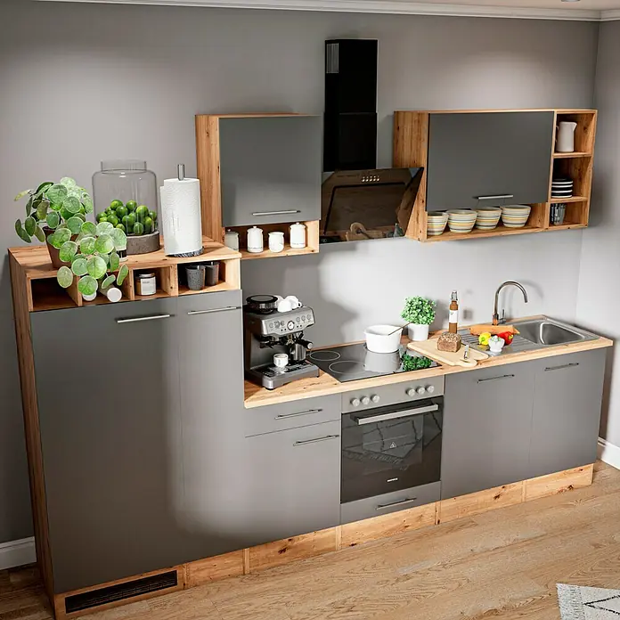 Respekta Composición de cocina Hilde - Ancho: 310 cm, Gris, Con electrodomésticos - Una cocina moderna con armarios grises, detalles de madera y electrodomésticos integrados. Ofrece comodidad y estilo para el día a día.
