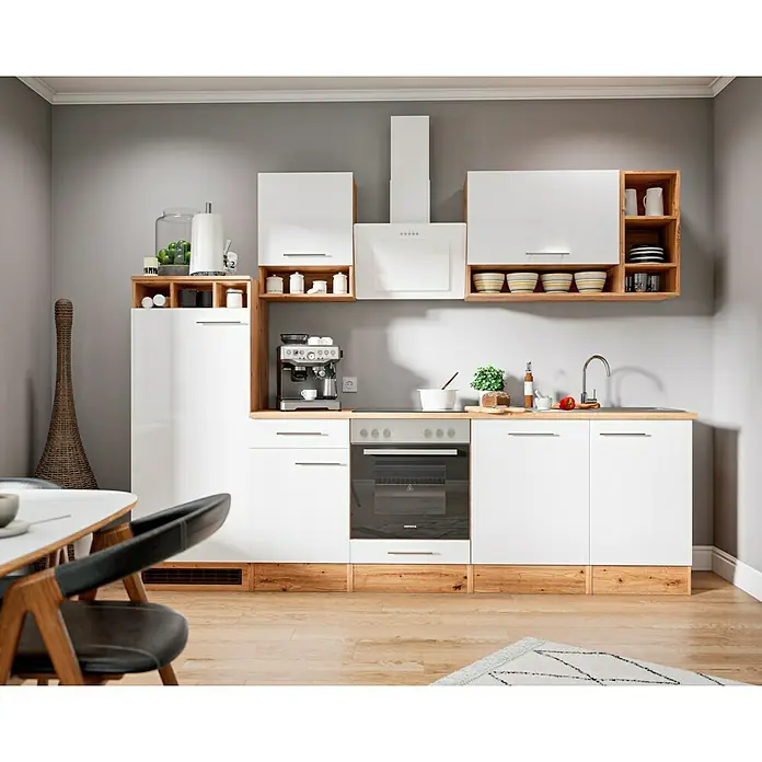 Respekta Composición de cocina Hilde - Ancho: 280 cm, Blanco, Con electrodomésticos - Cocina moderna con armarios blancos, detalles de madera y electrodomésticos. El diseño de la cocina es elegante y funcional.