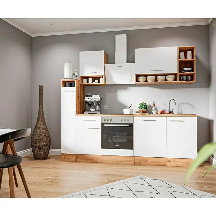Respekta Composición de cocina Hilde - Ancho: 250 cm, Blanco, Con electrodomésticos - Elegante cocina con armarios blancos y detalles de madera, que crean un ambiente moderno y natural.