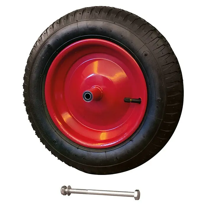Schubkarren-Ersatzrad - Durchmesser: 300 mm, Stahl, Passend für: Gartenschubkarren - Rad mit roter Felge und Bolzen. Das Rad ist schwarz und hat ein Reifenprofil. Ideal für Schubkarren und andere Geräte.