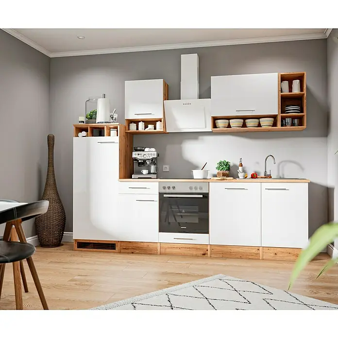 Respekta Composición de cocina Hilde - Ancho: 280 cm, Blanco, Con electrodomésticos - Cocina luminosa con armarios blancos y detalles en madera. La cocina moderna ofrece un amplio espacio de almacenamiento y una agradable superficie de trabajo.