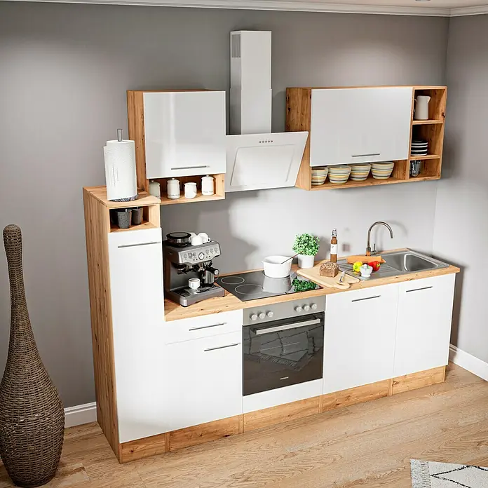 Respekta Composición de cocina Hilde - Ancho: 250 cm, Blanco, Con electrodomésticos - Una cocina moderna con armarios blancos, detalles de madera y electrodomésticos, que ofrece un diseño elegante y funcional.