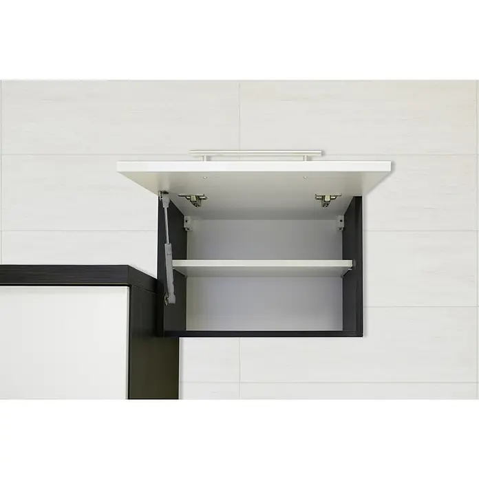 Respekta Premium Küchenzeile RP240ESCBO - Breite: 240 cm, Schwarz, Mit Elektrogeräten - Aufnahme eines geöffneten, an der Wand montierten Küchenschranks mit einer grauen und weißen Farbgebung, der ein modernes Design aufweist.