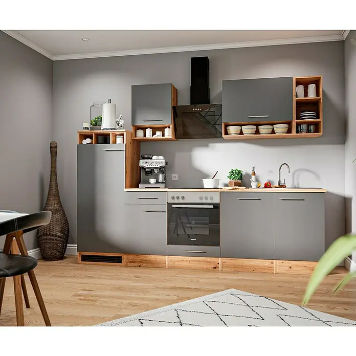 Respekta Composición de cocina Hilde - Ancho: 280 cm, Gris, Con electrodomésticos - Cocina moderna con armarios grises, detalles de madera y una campana extractora elegante. La disposición ofrece mucho espacio y un ambiente elegante.
