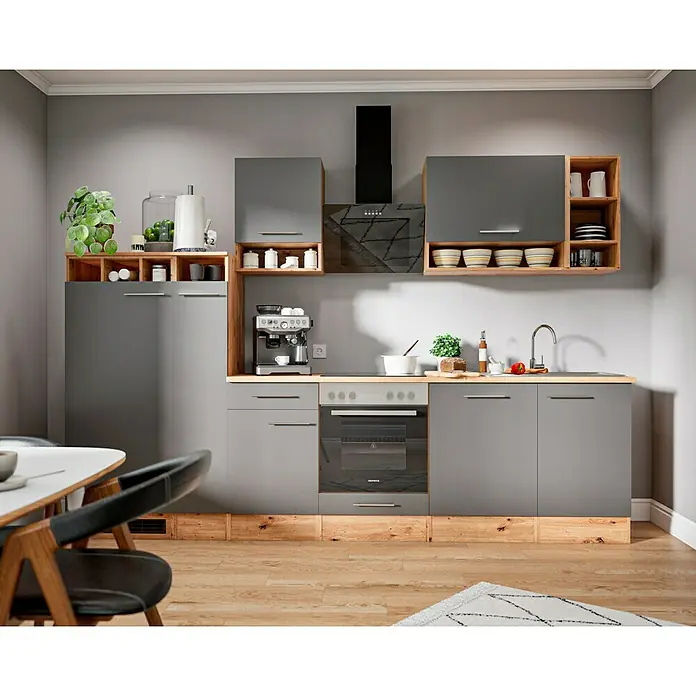 Respekta Composición de cocina Hilde - Ancho: 310 cm, Gris, Con electrodomésticos - Una cocina gris moderna con detalles de madera que combina almacenamiento y funcionalidad. Una adición elegante a cualquier espacio habitable.